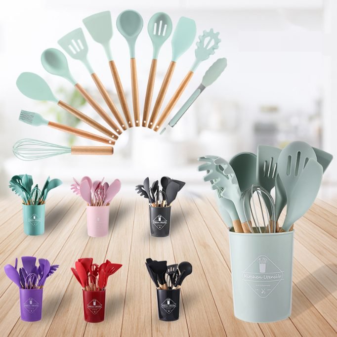 12-Piece Kitchen Utensil Set with Thick Wooden Handles