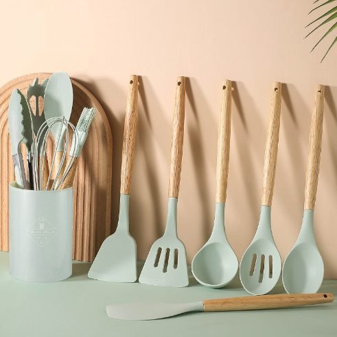 12-Piece Kitchen Utensil Set with Slim Wooden Handles
