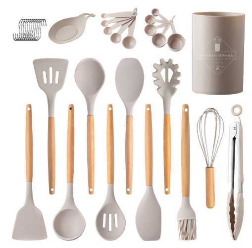 33-Piece Silicone Kitchen Utensil Set with Wooden Handles