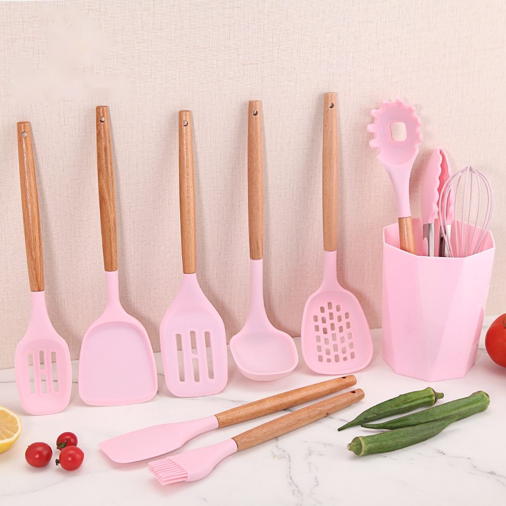 11-Piece Silicone Kitchen Utensil Set with Wooden Handles (New)
