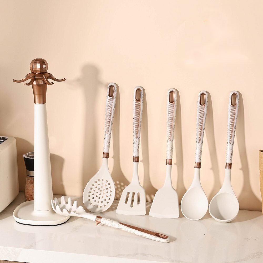 7-Piece Diamond-Pattern Utensil Set with Plastic Rack