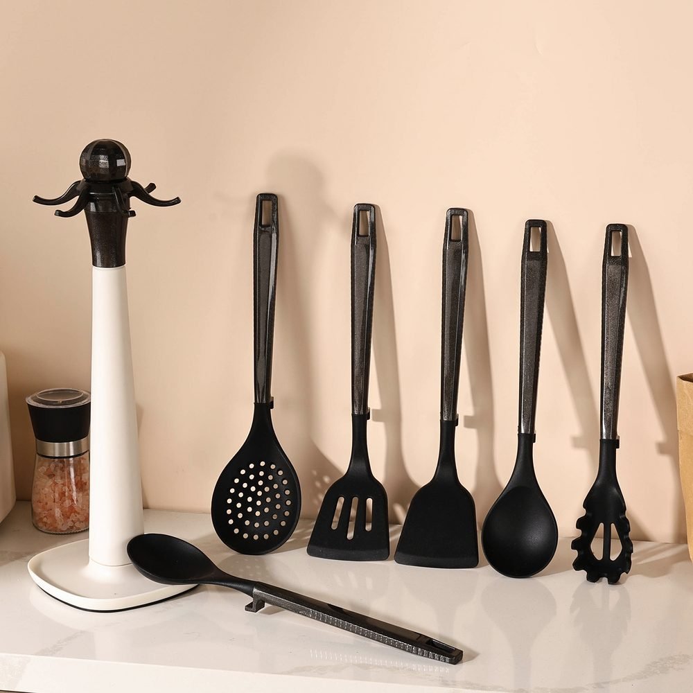 7-Piece Utensil Set with Sand-Colour Plastic Rack