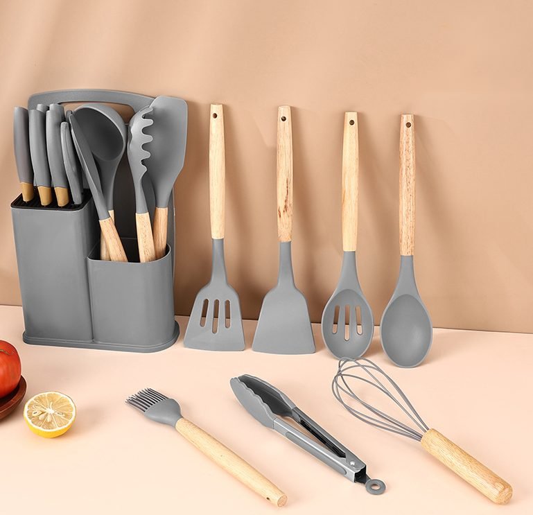19-Piece Silicone Kitchen Utensil Set with Square Bucket