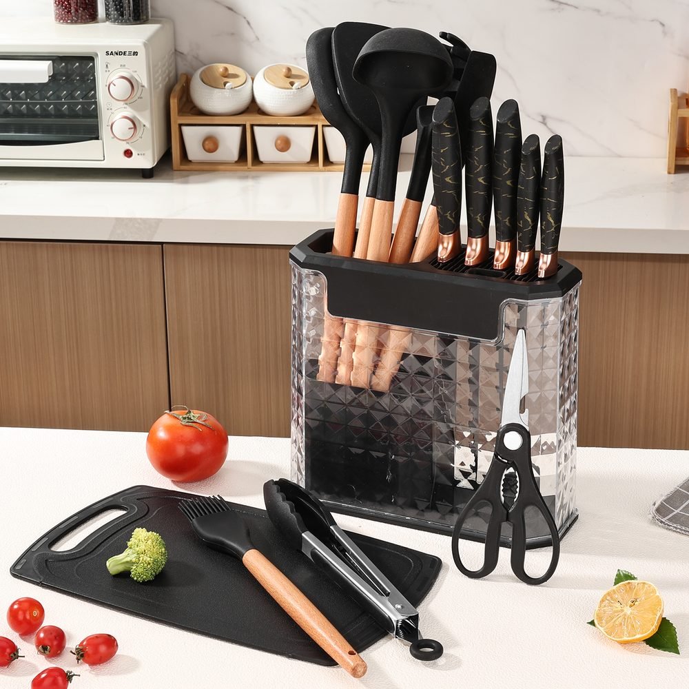 15-Piece Crystal-Diamond Silicone Utensil Set - Wooden Handle