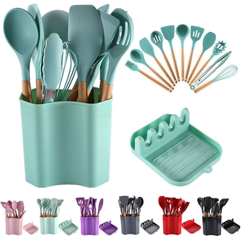 13-Piece Silicone Utensil Set with Wooden Handles and Small Holder