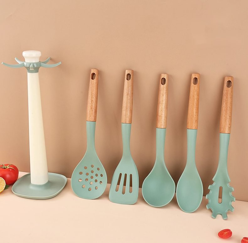 6-Piece Silicone Utensil Set with Wooden Handles and Plastic Rack