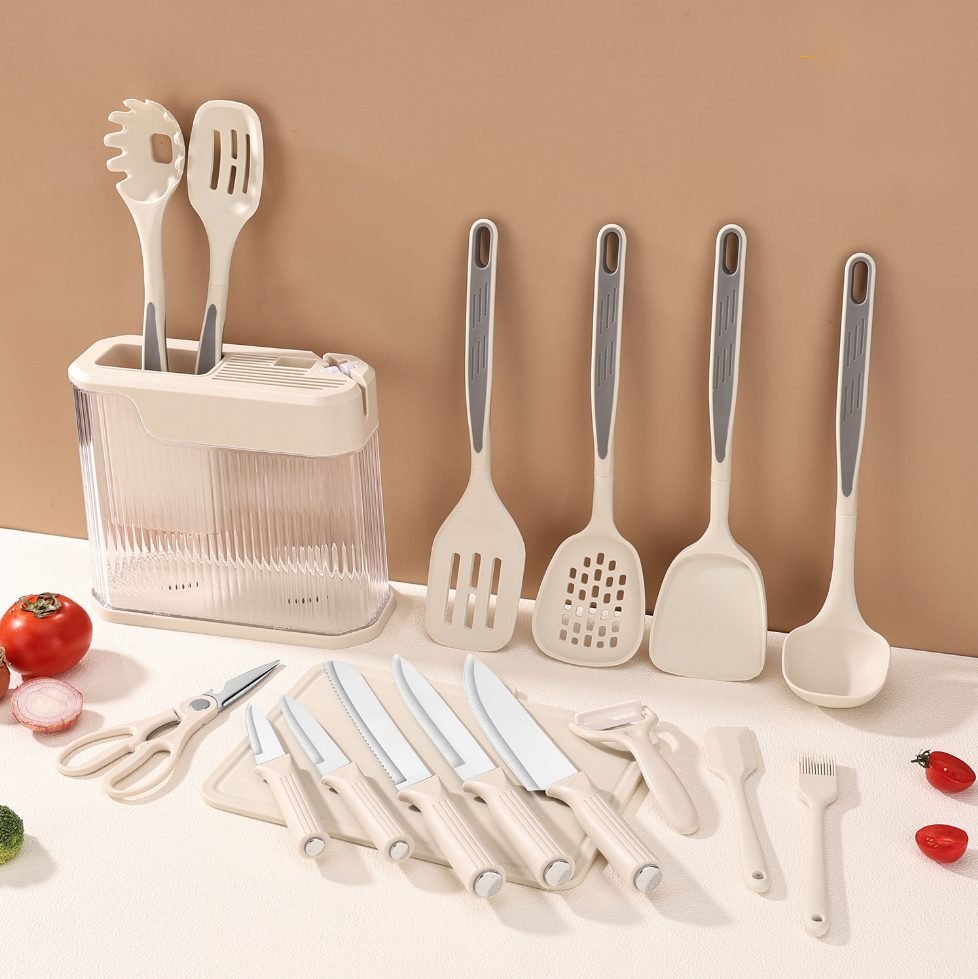 17-Piece Silicone Kitchen Utensil Set with Water-Ripple Bucket