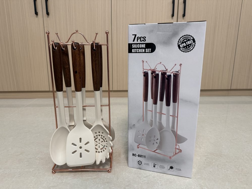 7-Piece Utensil Set with Half-Wood Handles and Iron Rack